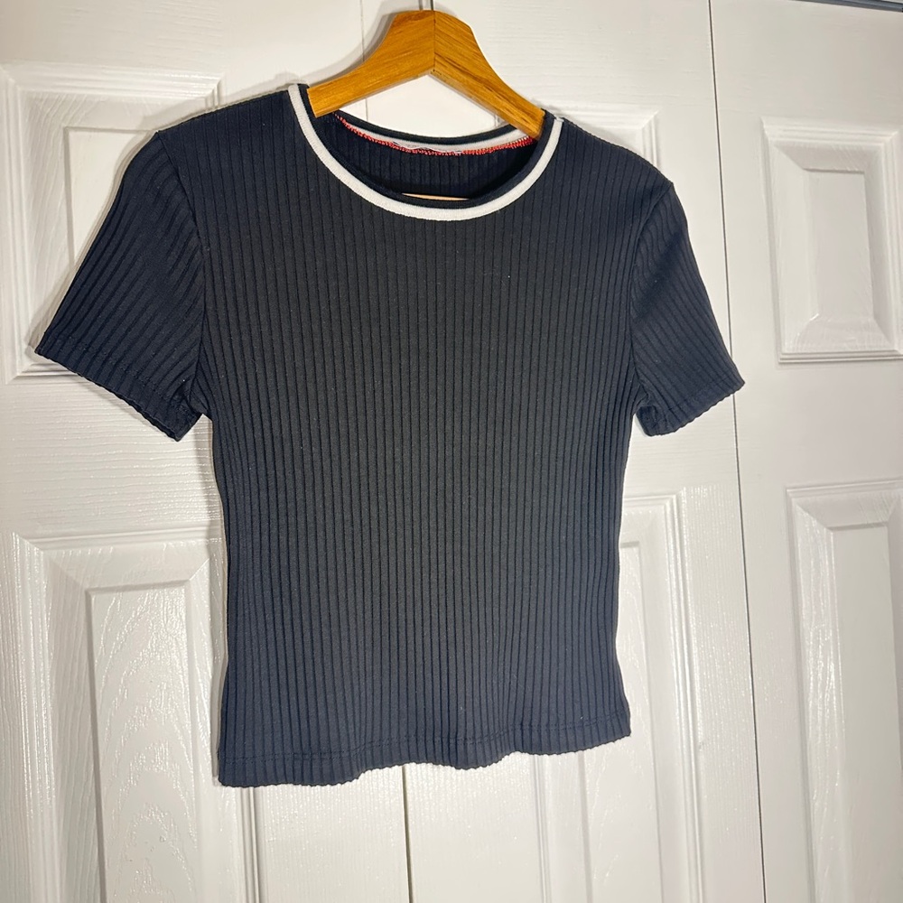 Zara Black Ribbed Short Sleeve Top